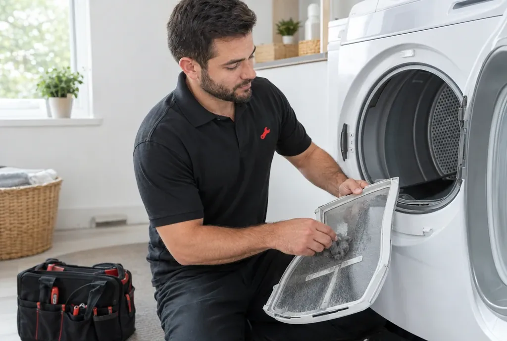 Turn Appliance technician cleaning a dryer lint filter